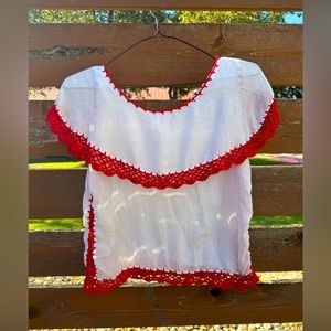Unique Handmade 70s style white tank top with collar and red crochet detail